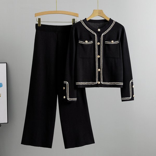 Women's Clothing Spring And Autumn Casual Suits Fashionable Round Neck Knitted Cardigan Top Wide Leg Pants Two Piece Suit-image