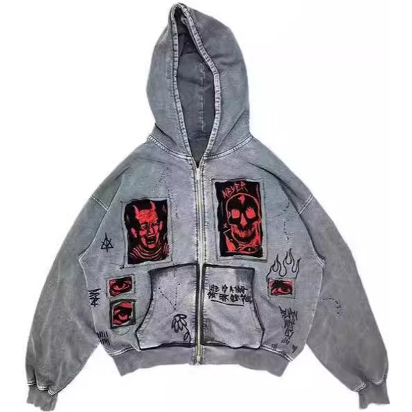 Men's Clothing Street Retro Unisex Devil Print Patch Heavy Loose Hooded Sweatshirt-image