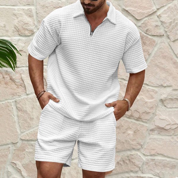 Men's Clothing Summer New Men's Casual Fashion Comfortable Waffle Solid Color Lapel Shirt Sports Suit-image