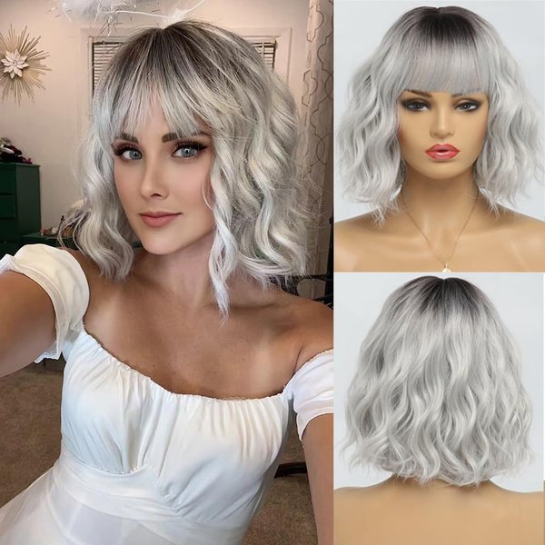 Women's wig with straight bangs, short curly hair, water ripple, multiple colors available, rose mesh headband cover