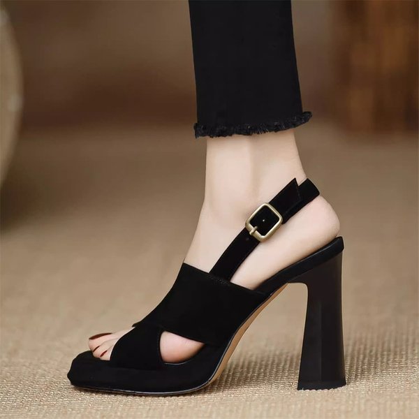 2025 Summer New Versatile One-Strap Buckle Sandals For Women, Chunky Heel, Open Toe, Sexy Black Platform, 9Cm High Heels-image