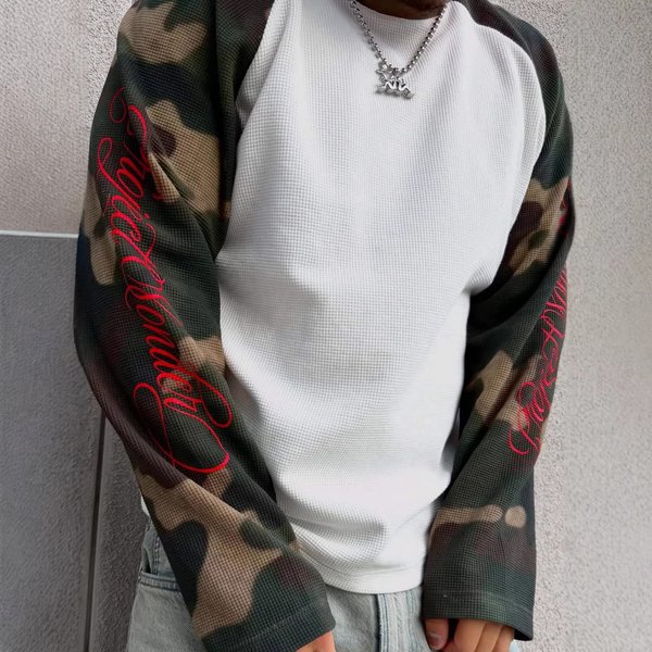Trendy Men's Long Sleeved T-Shirt European American Style Loose Fit Camouflage Color Blocking Embroidered round Neck Waffle Knit Tops