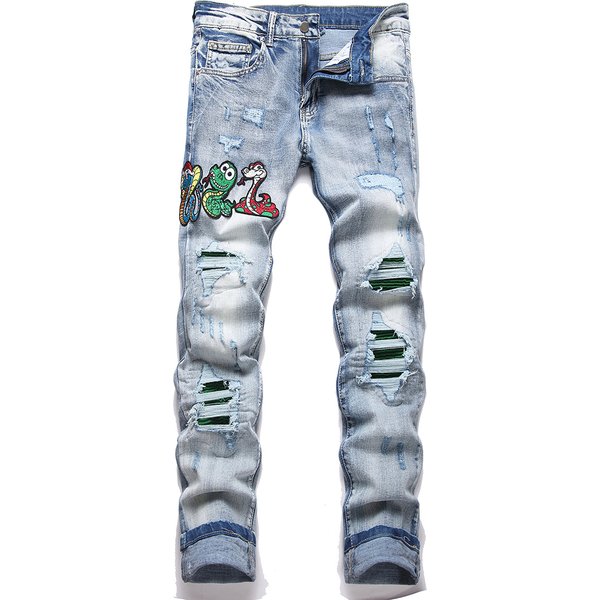 Men Snake Embroidery Jeans Streetwear Pleated Patch Slim Tapered Pants Ripped Distressed Stretch Denim Trousers