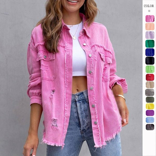 Women's Clothing Fashion Hot Girl Summer New Lapel Long Sleeve Ripped Washed Denim Jacket-image