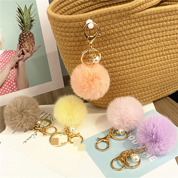 Bag Charm Pearl Plush Keychain Cute Student Macaron Color Bag Pendant Car Key Chain Accessories Small Gift-image