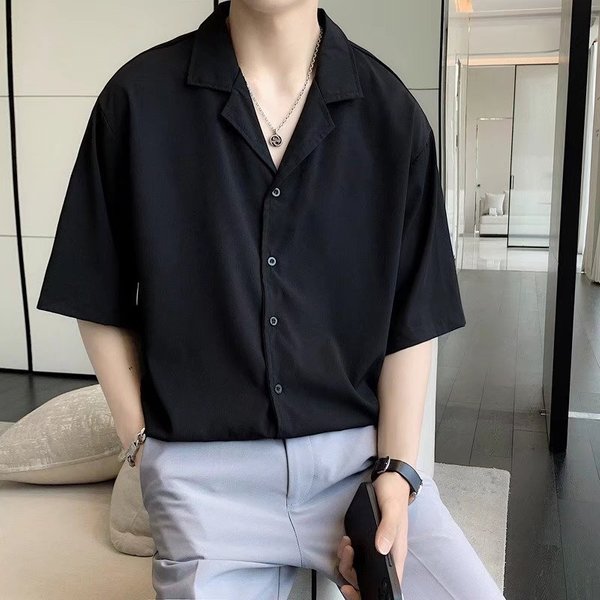 Men's Clothing Collar Shirt Men's Summer Thin Short Sleeved Drape Shirt Youth Handsome Ice Silk Short Sleeved Top
