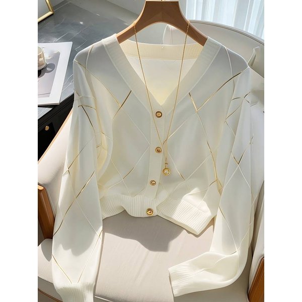 Women's Clothing Chic White Knitted Cardigan For Women Early Autumn Stylish High End Chic Diamond Checkered Top Long Sleeved Jacket-image