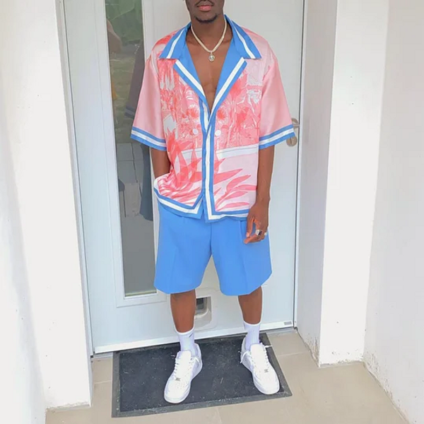 Men's Clothing European And American New Suits Men's T Shirt 3D Plant Print Lapel Short Sleeved Shirt Shorts Suit Manufacturers Wholesale
