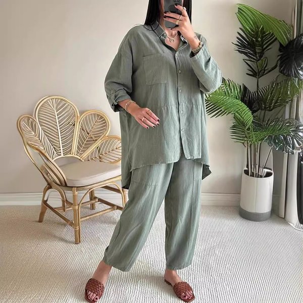 Women's Clothing 2 Piece Set Large Size Cotton And Linen Shirt Set High Waist Loose Trousers-image