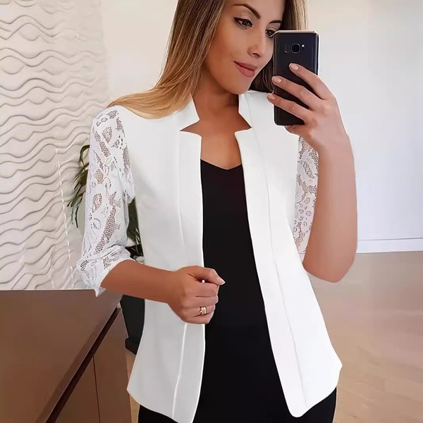 Women's Lace Trim Blazer – Breathable Cotton-Polyester Blend (S-XXL, White/Black For Office & Casual Chic)