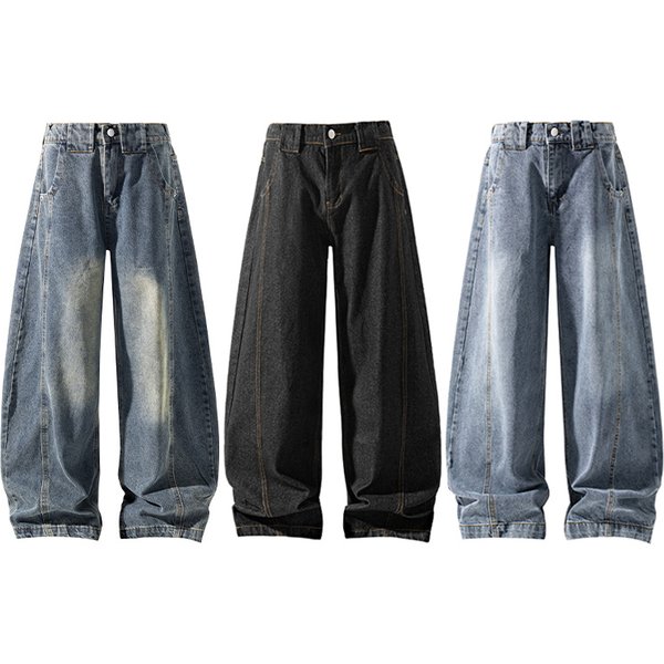 Men's Vintage Wide-Leg Jeans – Retro Blue & Black, Relaxed Fit, High Waist With Button Fly, Streetwear Essential