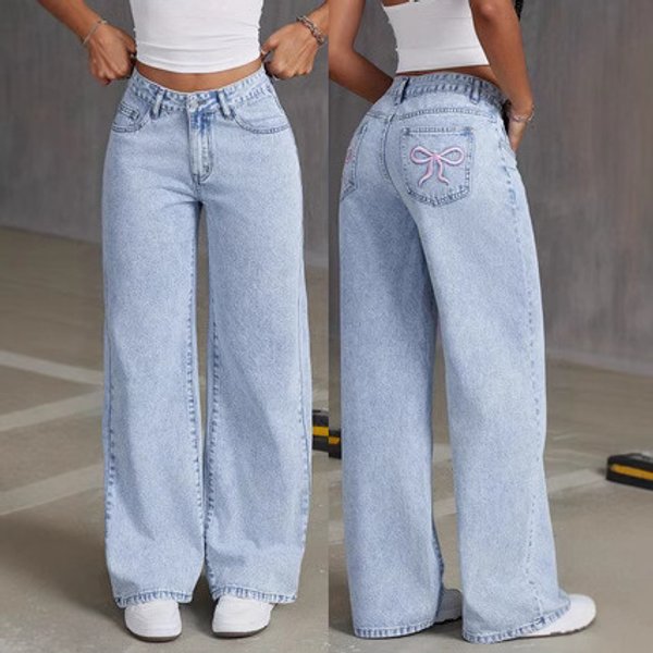 Women's Clothing Bow Embroidered Jeans For Women Sweet And Spicy Style High Waist Straight Pants Loose Casual Trousers
