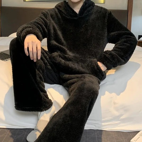 Man's clothing Simple style solid color casual pajamas set plush comfortable casual wear long-sleeved hooded jumper