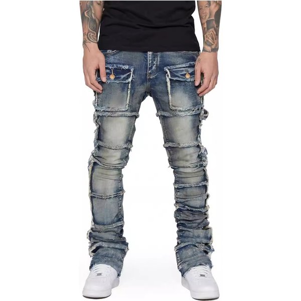 Men's Clothing Men's Denim Workwear Straight Pants Fashion Hot Selling Elastic Patch Denim Layered Flared Men's Pants-image