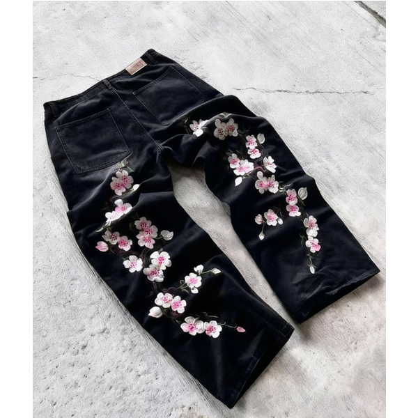 Y2K Baggy Jeans Harajuku Vintage Cherry Blossom Embroidery High Quality Jeans Streetwear Hip Hop Gothic Men Women Long Leg Jeans-image