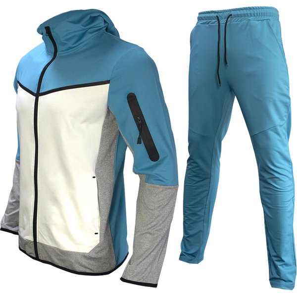Unisex Hooded Zip-Up Tracksuit Set – Plain Colorblock Sportswear (Black/White/Blue/Orange, S-Xxxl, No Logo)-image