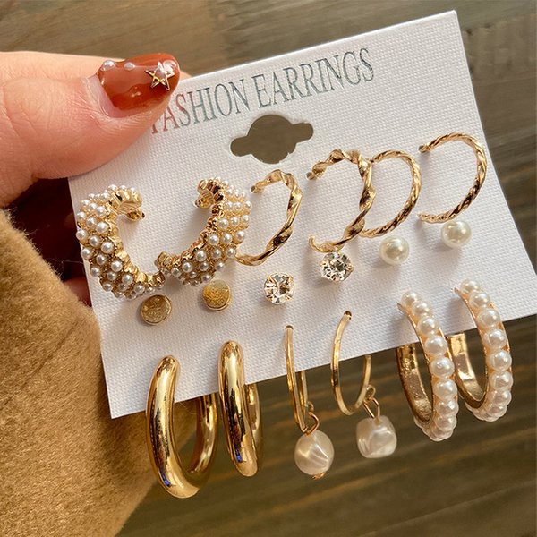 Pearl Drop Earrings Set For Women Fashion Gold Jewelry-image