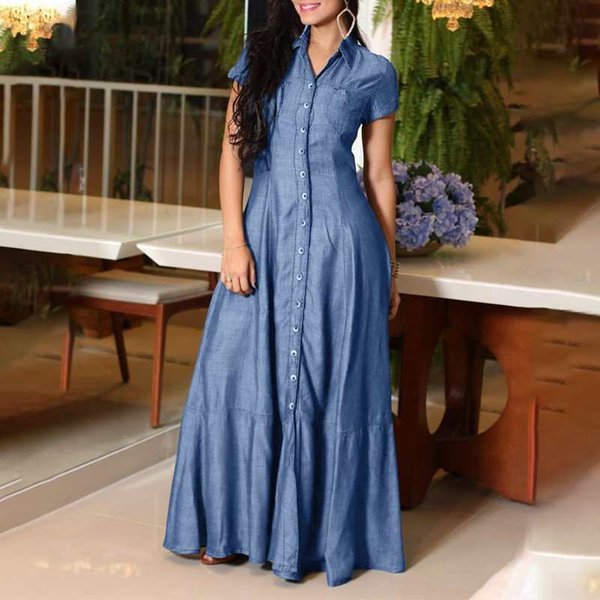 Women's New Hot Sale Temperament Shirt Collar Large Swing Skirt Denim Dress-image