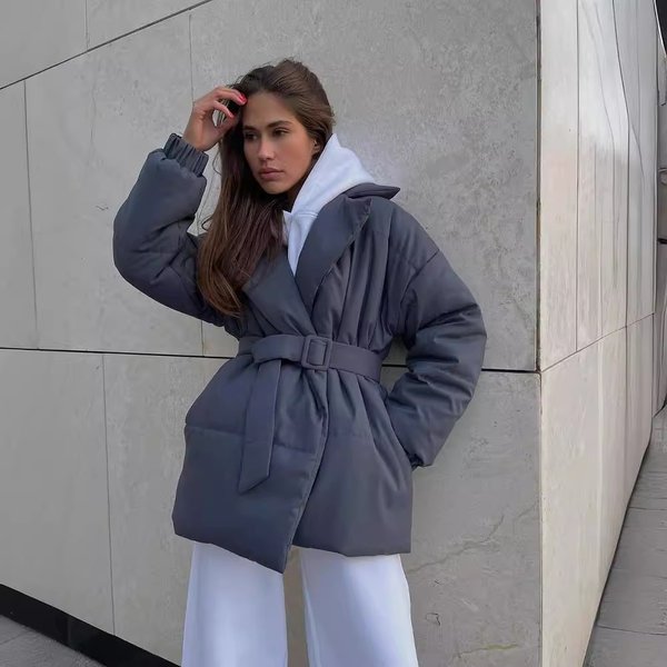 Women's Clothing Winter New Thick Lapel Waist Cotton Coat Slim Solid Color Cotton Coat Women-image
