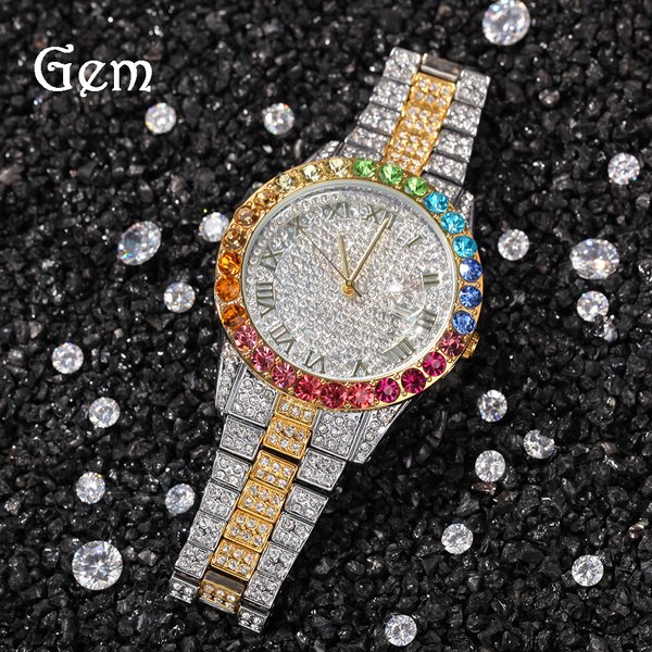 Casual Simple Watch Hip Hop Diamond Rainbow Gradient Calendar Quartz Watch-image