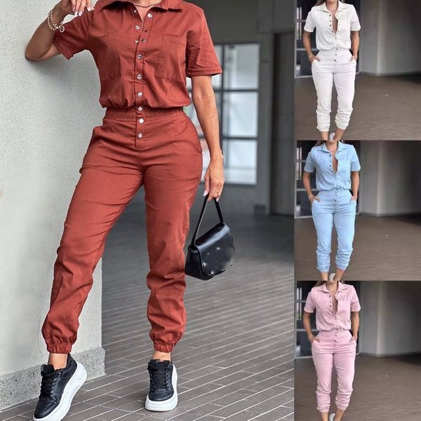Women's Clothing Casual Fashion Women's Leggings Jumpsuit Lapel Pocket Waist Elastic Button Jumpsuit-image