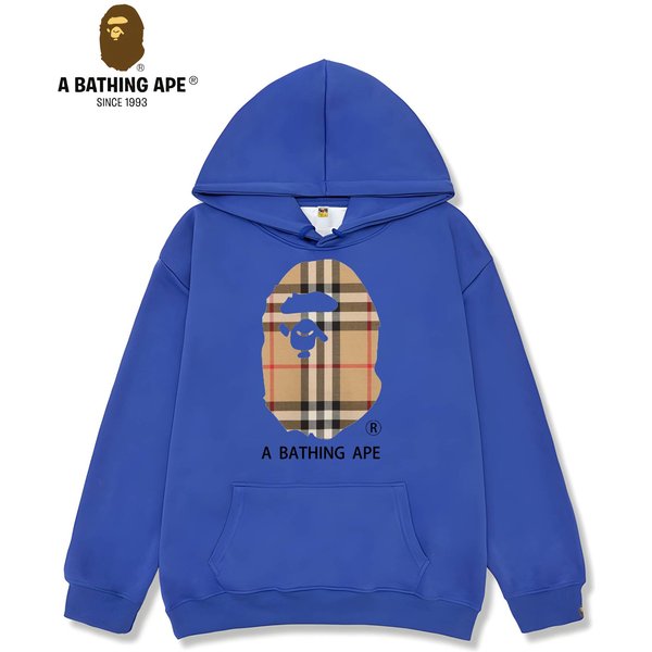 A Bathing Ape BAPE-BAPE&BURBERRY Collaboration Striped Grid Ape Head Pattern Letter Logo Printed Hoodie Unisex-image