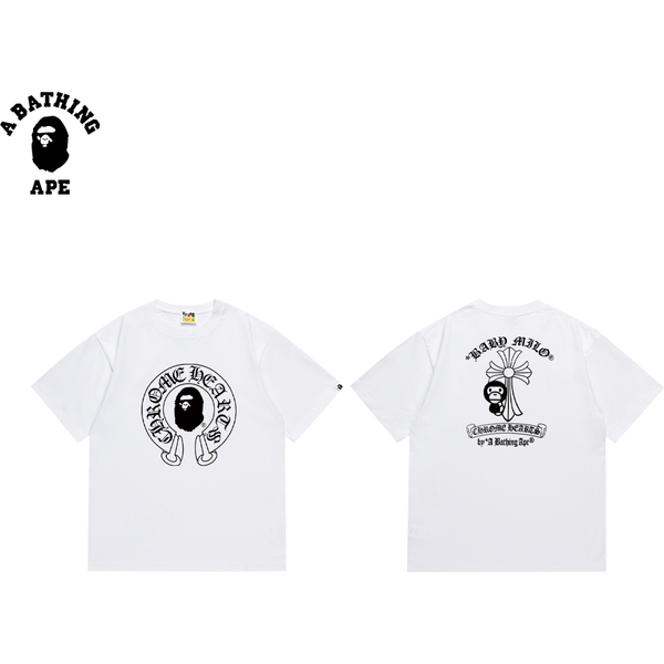 A Bathing Ape Bape-Bape&Chrome Ape Head Co Branded Croheart Classic Letter Printed Cotton Short Sleeved T-Shirt-image