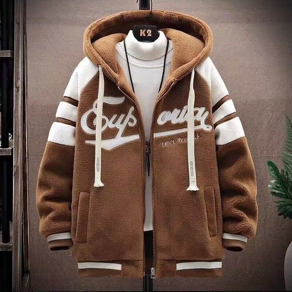 Men's Clothing Autumn And Winter Plus Fleece Lambskin Jacket For Boys Autumn Student Thickened Sweater Hooded Jacket Cotton Clothes Youth