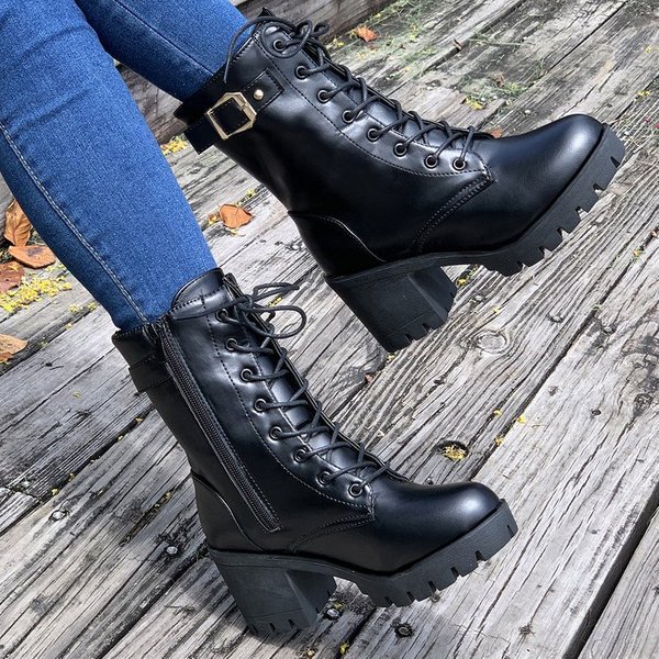 Women's Chunky Heel Martin Boots British Style Mid-Calf Boots With Side Zipper Slip-Resistant Pu Leather Casual Winter Boots-image