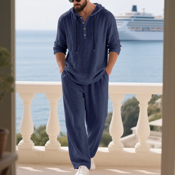 Men's Linen Solid Color Casual Loose Long Sleeved Hoodie And Pants Set Breathable Two-Piece Cotton Outfit For Spring Autumn