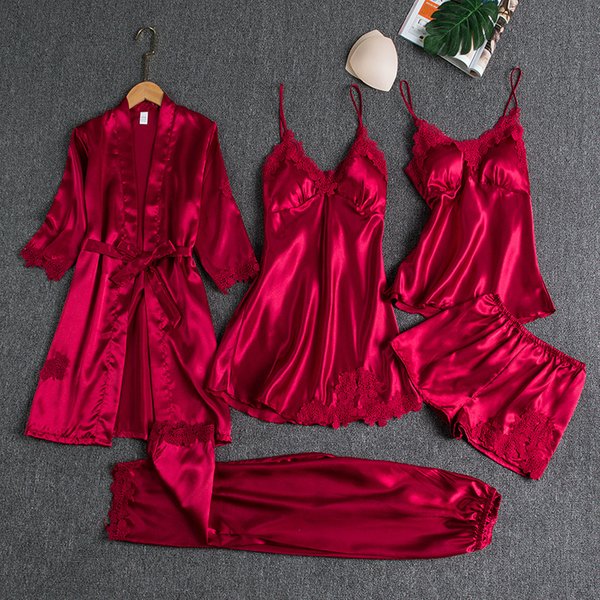 Pajamas Women Summer Ice Silk Sexy Hot Home Clothes Spring And Autumn Long Sleeve Thin Large Size Cross Border Five Piece Suit Bathrobe
