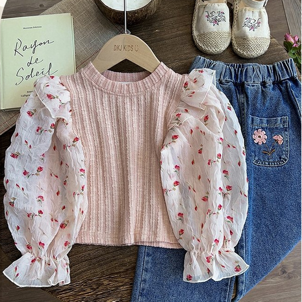 Kids Clothing Girls Cute Floral Puff Sleeve Top With Flower Denim-image