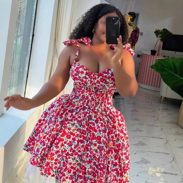 Women's Floral Print Camisole High Waist A-Line Dress Elegant Spring Bow Detail Slimming