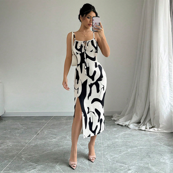 Women's Clothing Intellectual Style Cow Pattern Dress Suspenders Mid Length Skirt