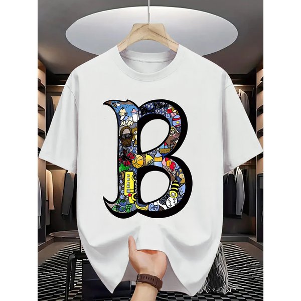 100% Pure Cotton Men's Summer Fashion Short Sleeved Shirt With B-Letter Printed Pattern For Casual Slimming And Versatile T-Shirt Top-image