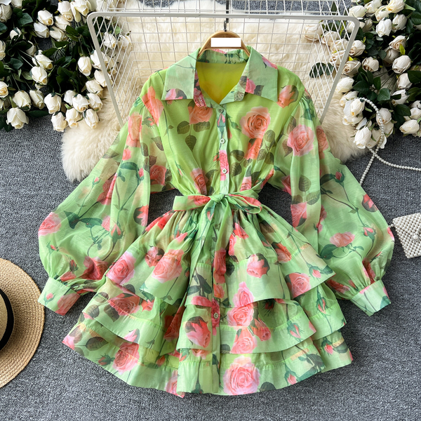 Women's Clothing Small Dress For Women 1 Tie Waist Polo Collar Lantern Sleeves Ruffled Fluffy Print Dress-image