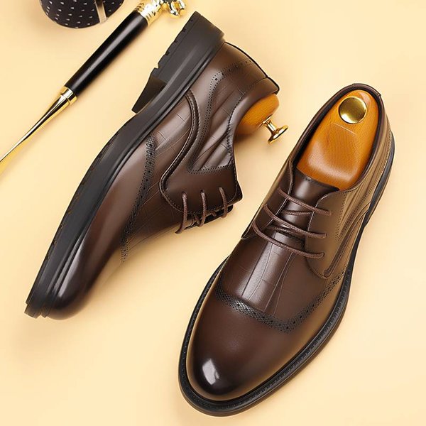 New Fashion Business Genuine Leather British Brock Men's Shoes Men's Business Formal Wear Oxford Shoes Lace-Up Fashion Black Dress Wedding Derby Shoes-image