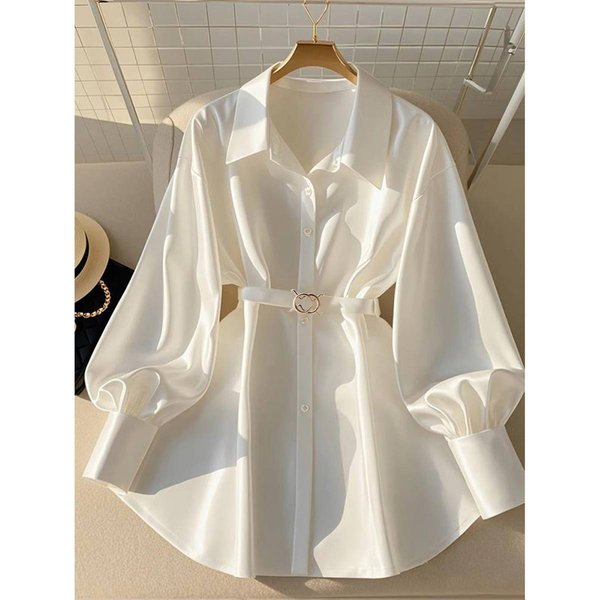Women's Clothing Autumn New Temperament Waist Top Fat Light Luxury High End Sense Of Age Reducing White Long Sleeved Shirt For Women-image