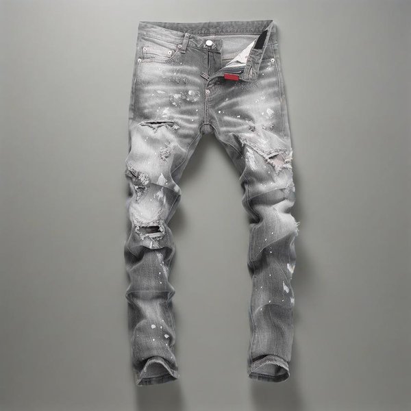 Men's Slim Fit Denim Trousers Gray Ripped Patch High Street Fashion Casual Jeans Trendy Brand Youth Style For All Seasons-image