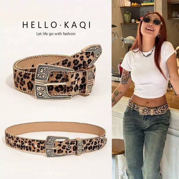 Women's Belts Retro Leopard Print Belt – Western Metal Buckle Wide Strap (Y2K & Statement)