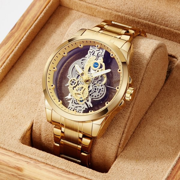 New Light Luxury Men's Double-Sided Transparent Skeleton Automatic Mechanical Watch Waterproof Luminous Quartz Watch-image