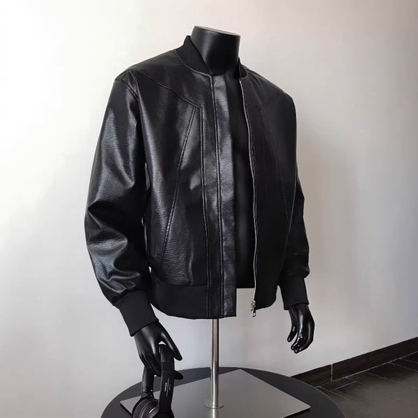 Men's Black Deconstructed Pu Leather Jacket Cleanfit Trendy Baseball Motorcycle Jacket Spring-image