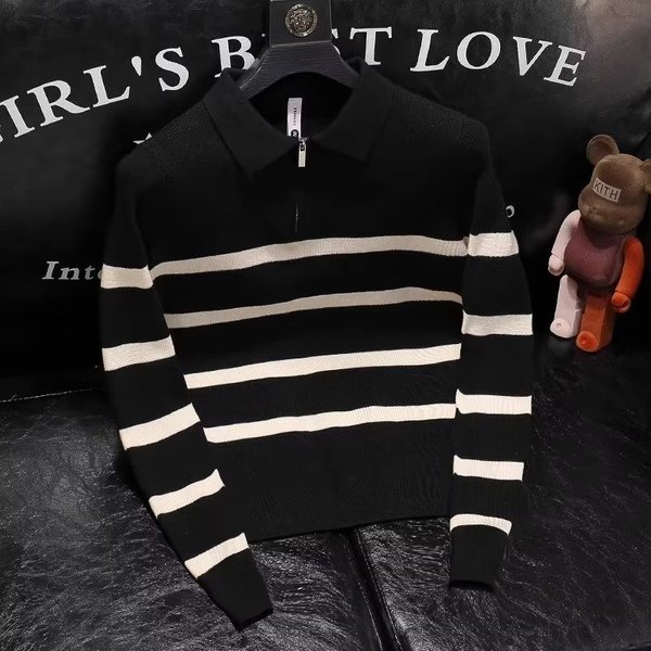 Men's Clothing Color Striped Knitted Long Sleeved Polo Shirt 2024 Autumn And Winter New Style Handsome Casual Lapel Sweater Men's Trend-image