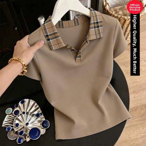 Stretch Cotton Casual Contrast Collar Polo Shirt For Women, Comfortable Breathable T-Shirt With Collar, Summer Fashion Top For Ladies And Mature Women
