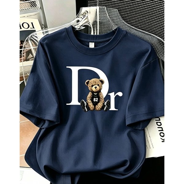 100% Cotton Women's Summer Fashion T-Shirt Trendy Loose Fit Casual Short Sleeve Printed Bear Top Black White