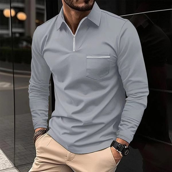 Men's Clothing Autumn Polo Shirt Zipper Pocket Men's Long Sleeved Sports Polo Shirt-image