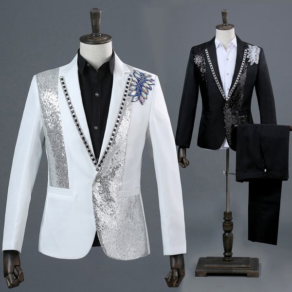 CT Photo Studio Portrait Black And White With Colorful Diamonds Host Formal Wear Singer Trendy Men's Stage Performance Suit