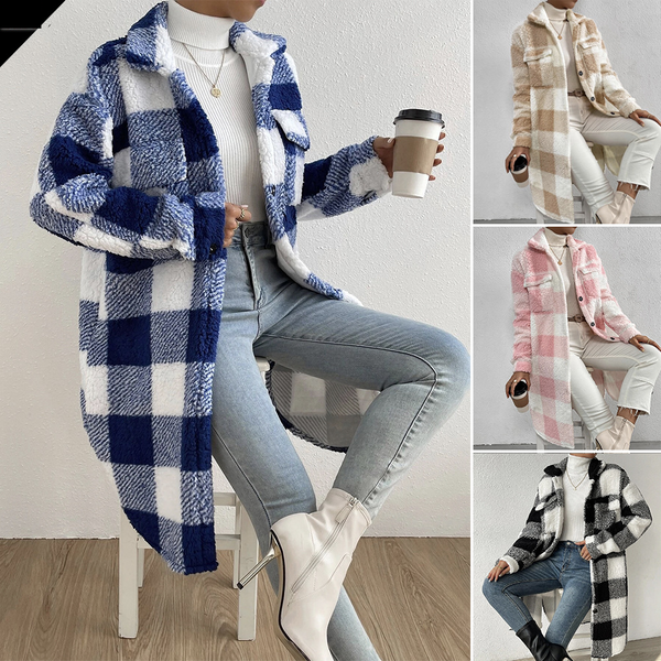 Women's Open-Button Lapel Plush Plaid Coat Loose Temperament Commuter Long Coat-image