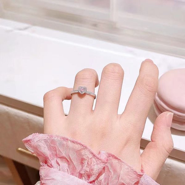 Popular Simple Silver Powder Diamond Ring Heart Shaped Colored Diamond Opening Full Circle 50 Points Moissanite Ring Jewelry-image