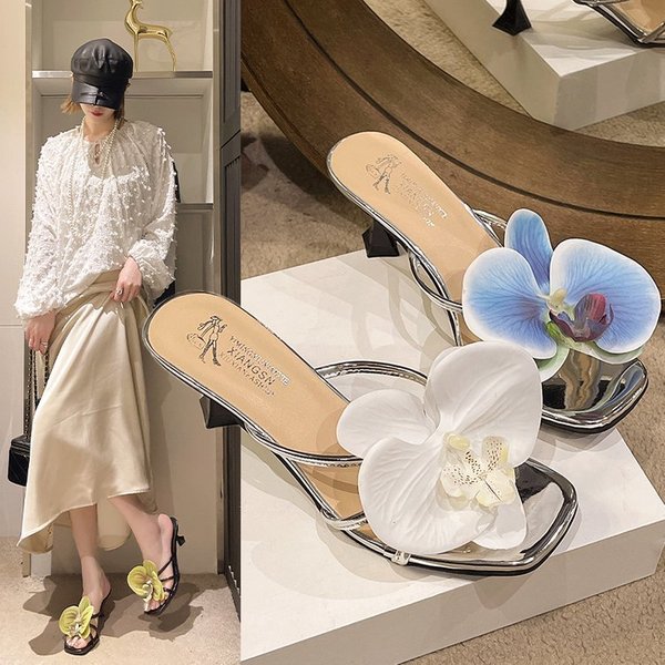 Women's Shoes Summer New Three Dimensional Flower Stiletto Slippers Women's Outdoor Open Toed Square Head High Heels Fashion Women's Shoes-image